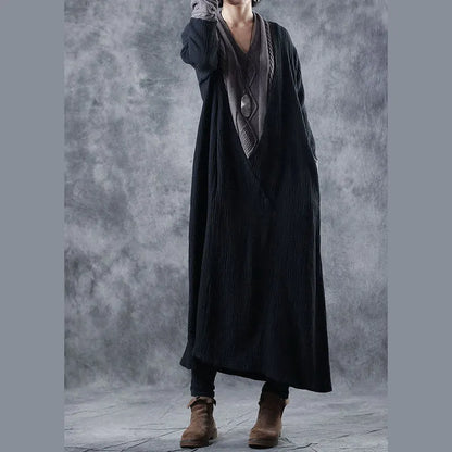 Black Grey V Neck Pockets Patchwork Fall Knit Long Sleeve Dress