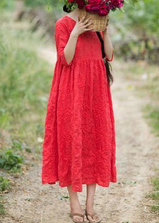 O Neck Half Sleeve Summer Outfit Neckline Red Embroidery Robes Dresses