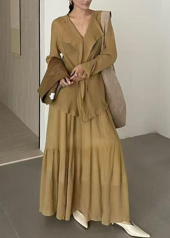 Autumn New Coffee Ruffled Top Skirt Rivet Vest Three Piece Set