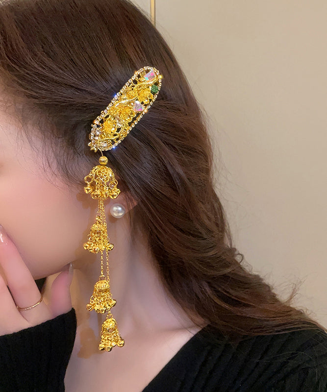 Chinese Style Gold Sterling Silver Alloy Zircon Bell Tassel Hairpin
