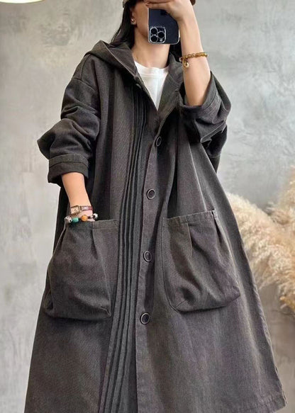 Black Wrinkled Patchwork Button Hooded Denim Trench Coats Long Sleeve