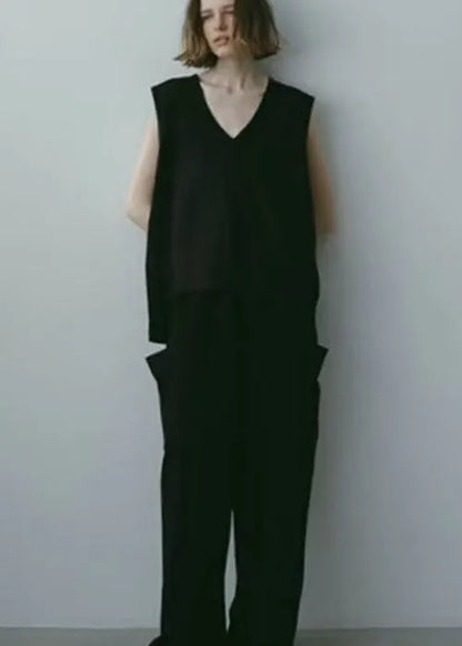 Black Cotton Tank Tops V Neck Sleeveless