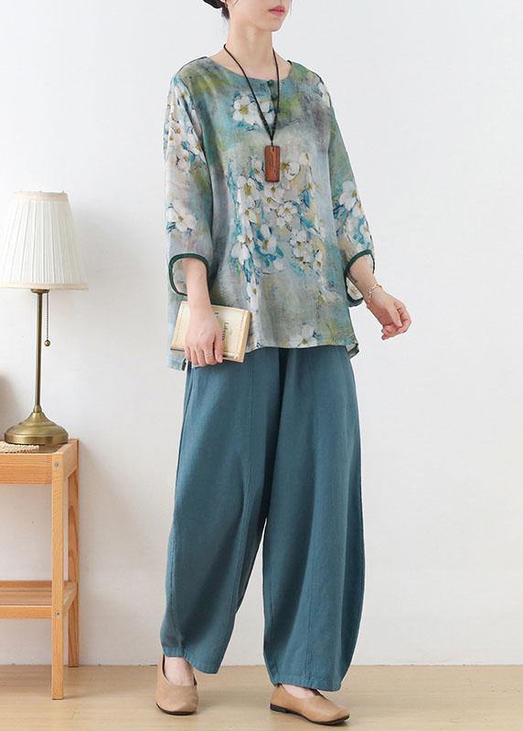 Blue Retro O-neck Fall Blouses Three Quarter Sleeve