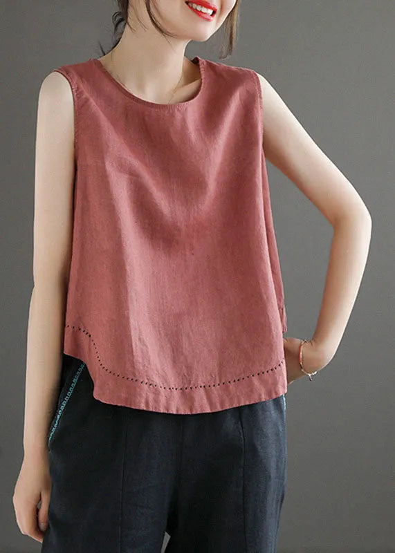 Simple Blue O-neck Embroideried Linen Beach Vest Sleeveless