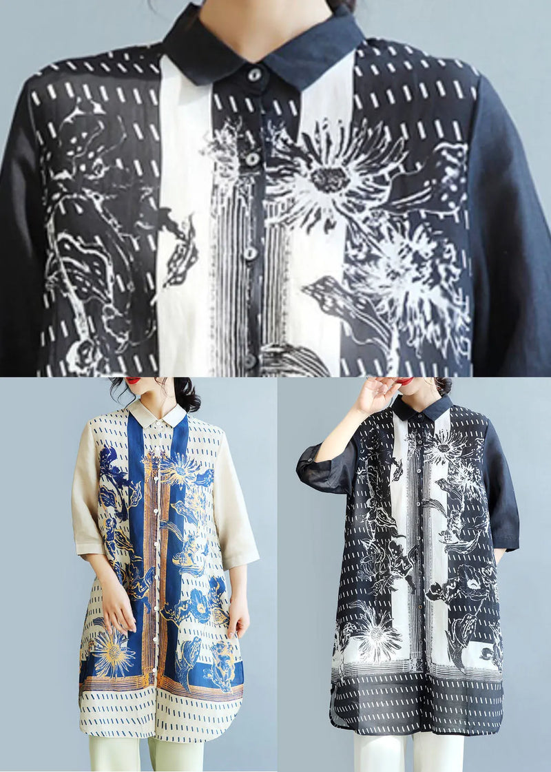 Beige Print Linen Long Shirt Top Side Open Half Sleeve