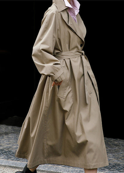 Khaki Peter Pan Collar Tie Waist Button Pockets Cotton Trench Coats Long Sleeve Fall