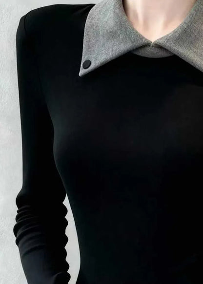 Slim Fit Black Peter Pan Collar False Two Pieces Patchwork Cotton T Shirts Spring