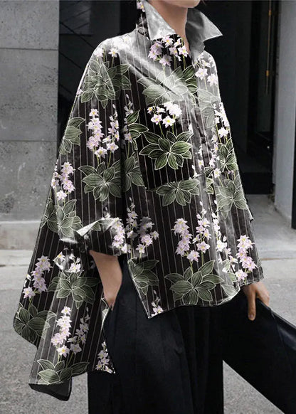Natural Yellow Flower Peter Pan Collar Low High Design Button Pockets Cotton Shirts Long Sleeve Fall