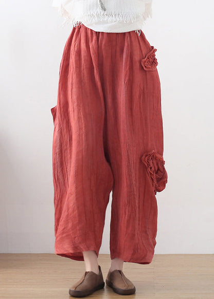 Red Elastic Waist Pockets Linen Harem Pants Summer
