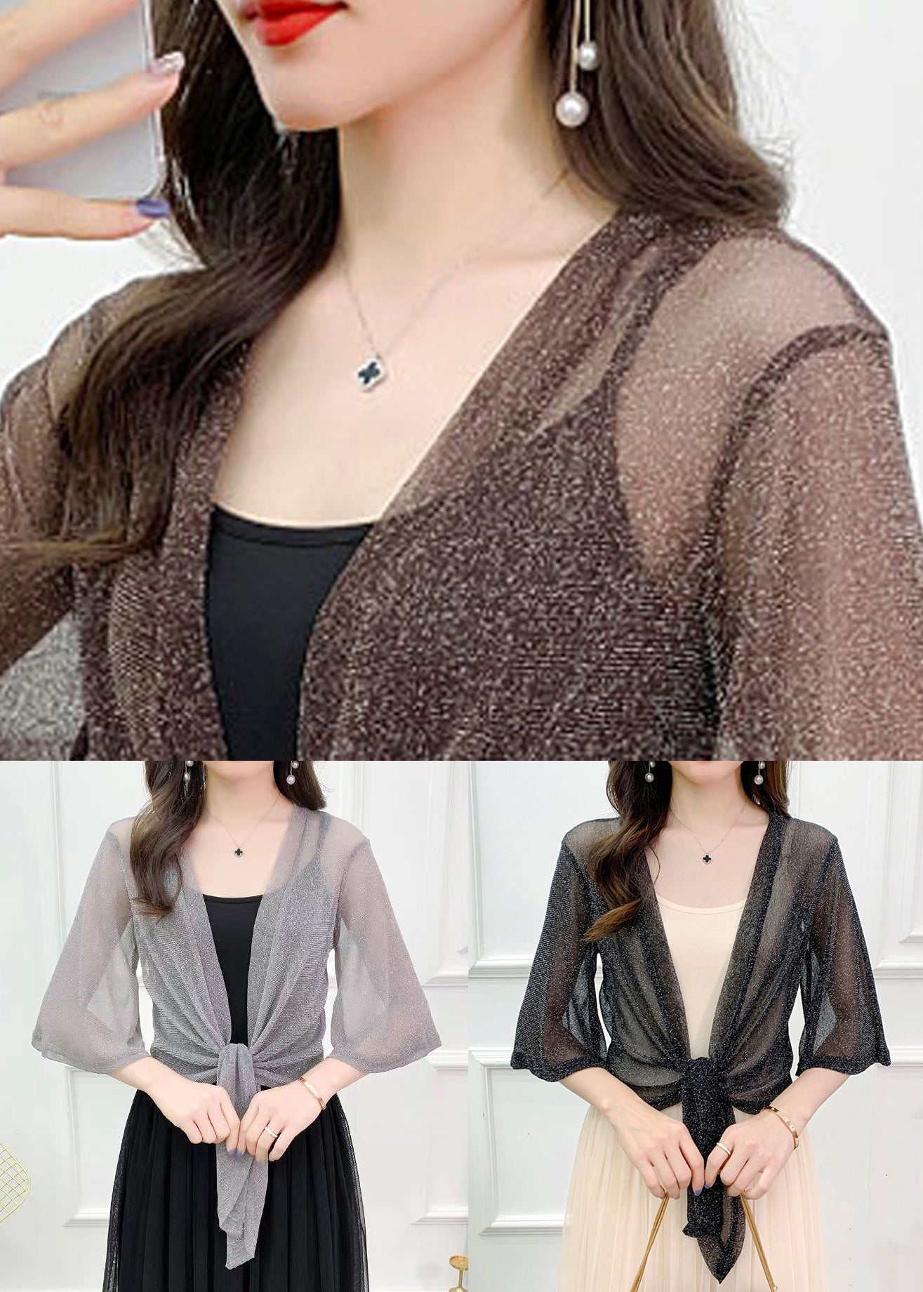 Loose Grey V Neck Lace Up Tulle Cardigans Half Sleeve Spring