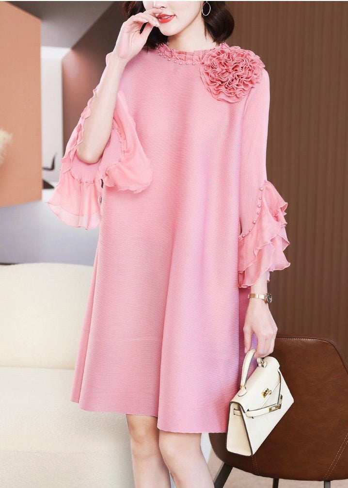 Pink Stand Collar Nail Bead Vacation Dresses Petal Sleeve Summer