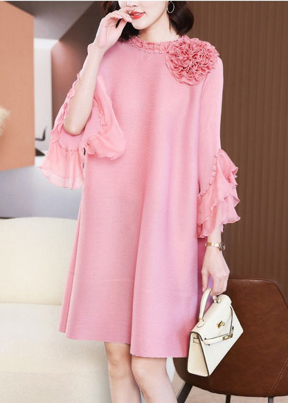Pink Stand Collar Nail Bead Vacation Dresses Petal Sleeve Summer