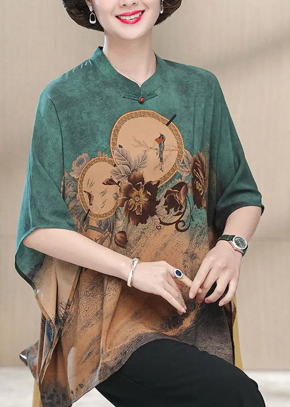Green O-neck Print Button Silk Top Half Sleeve