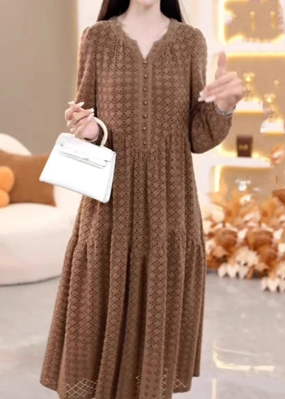 Photo Color V Neck Patchwork Button Silk Velour Maxi Dresses Spring
