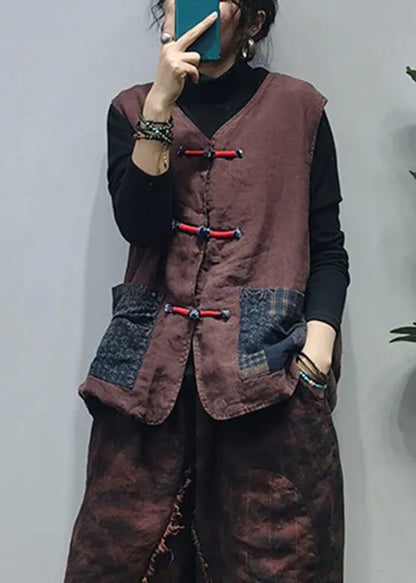 Chocolate Linen Vest Tops Patchwork Pockets Spring