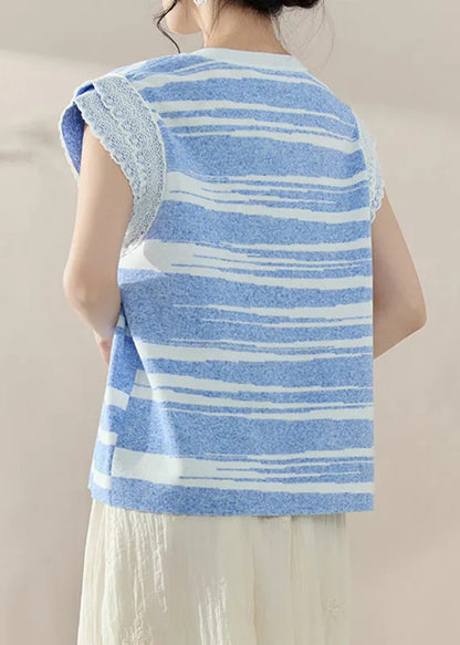 Modern Blue O-neck Lace Patchwork Knit Tops Summer