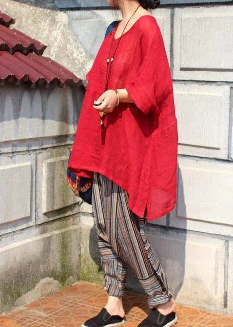 Classy Red U Neck Linen Summer Blouses