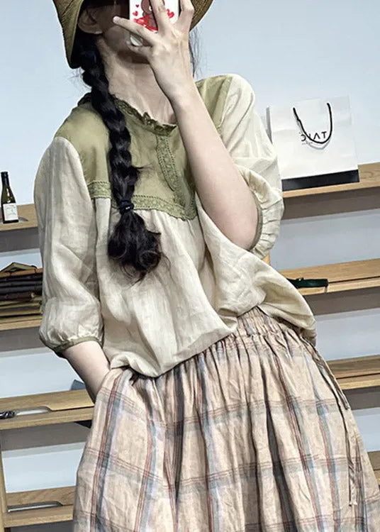 Apricot O-neck Lace Patchwork Linen Top Half Sleeve