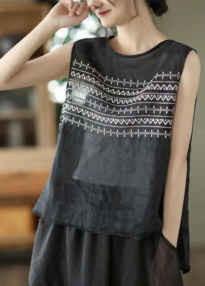 Black Embroideried Linen Tank Tops Sleeveless