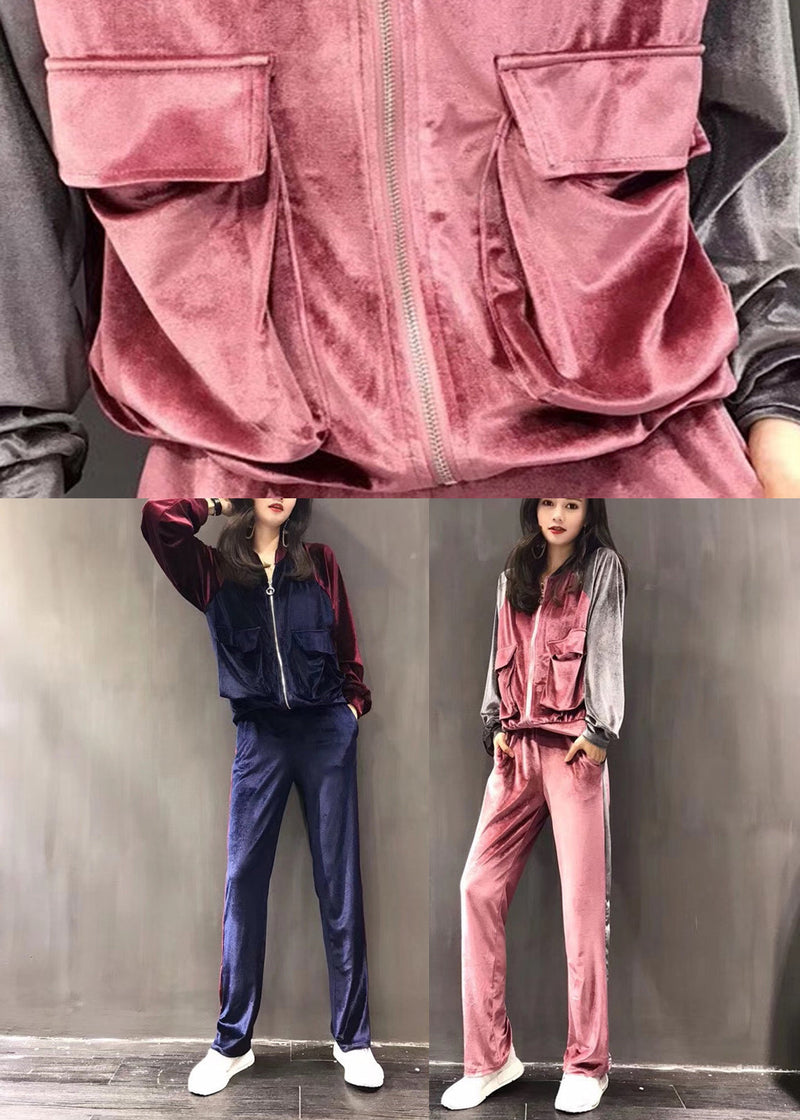 Pink Zippered Silk Velour Coats and Wide Leg Pants Two Pieces Set Long Sleeve