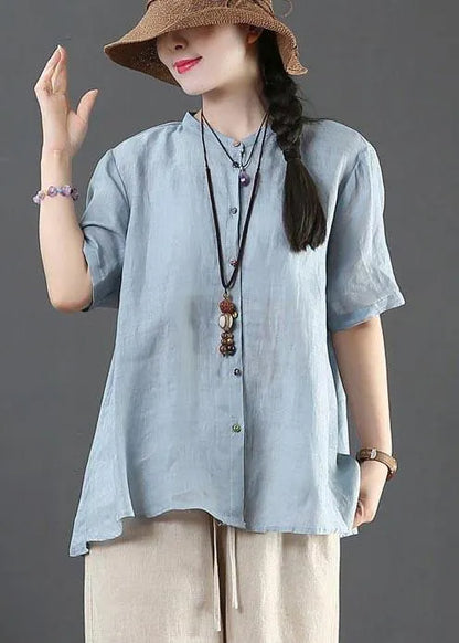 Style Blue Half Sleeve Linen Shirt Tops Summer