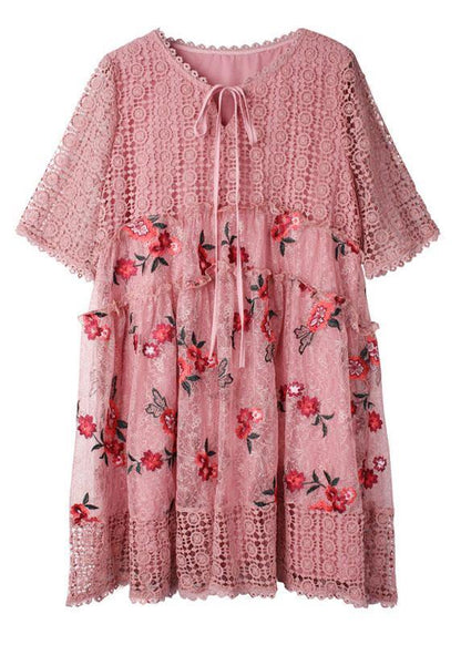 Pink Hollow Out Embroideried Summer Mid Dress Half Sleeve