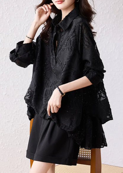 Modern Black Oversized Jacquard Chiffon Shirt Tops Fall