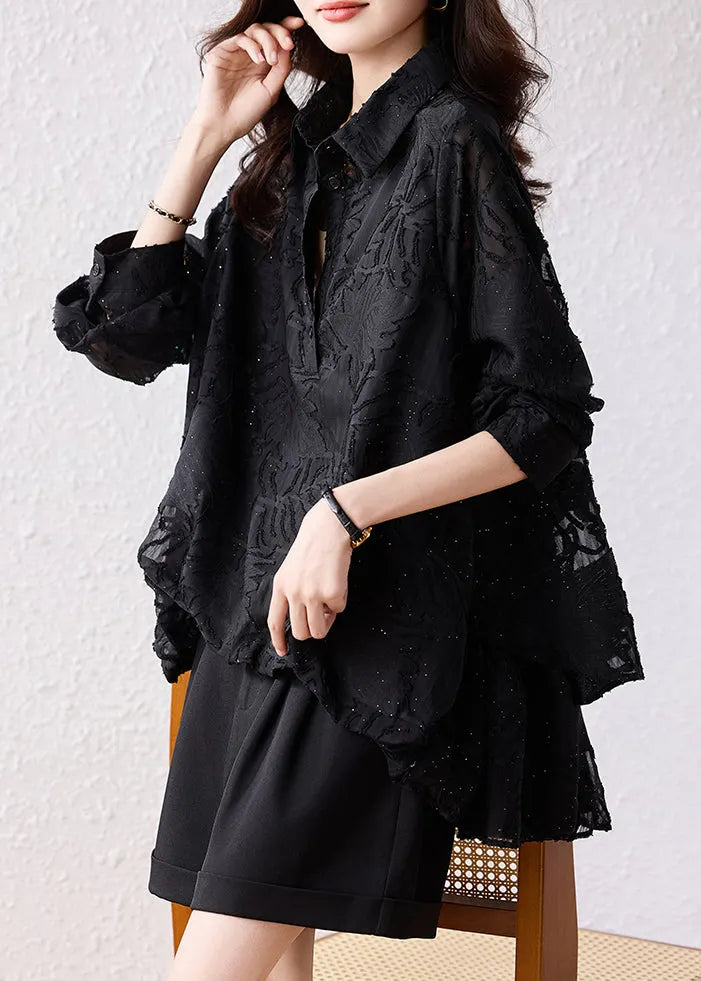 Modern Black Oversized Jacquard Chiffon Shirt Tops Fall