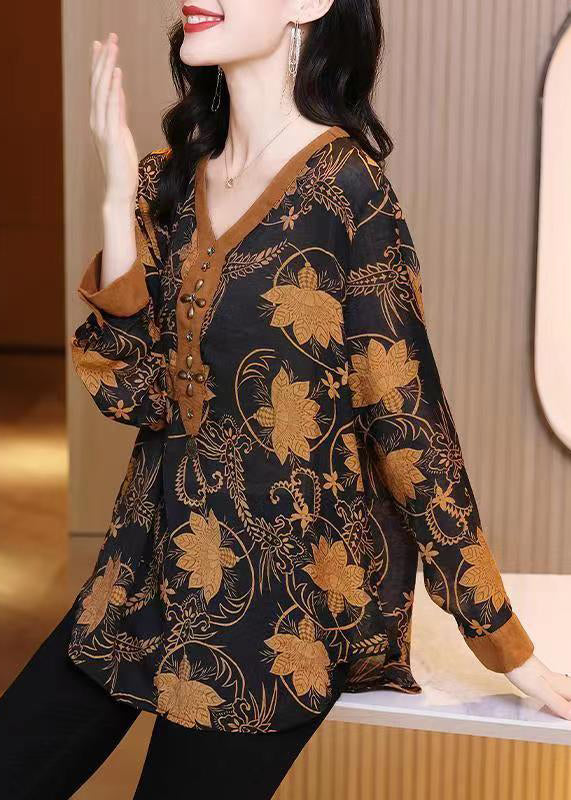 Yellow V Neck Print Patchwork Silk Shirt Top Fall