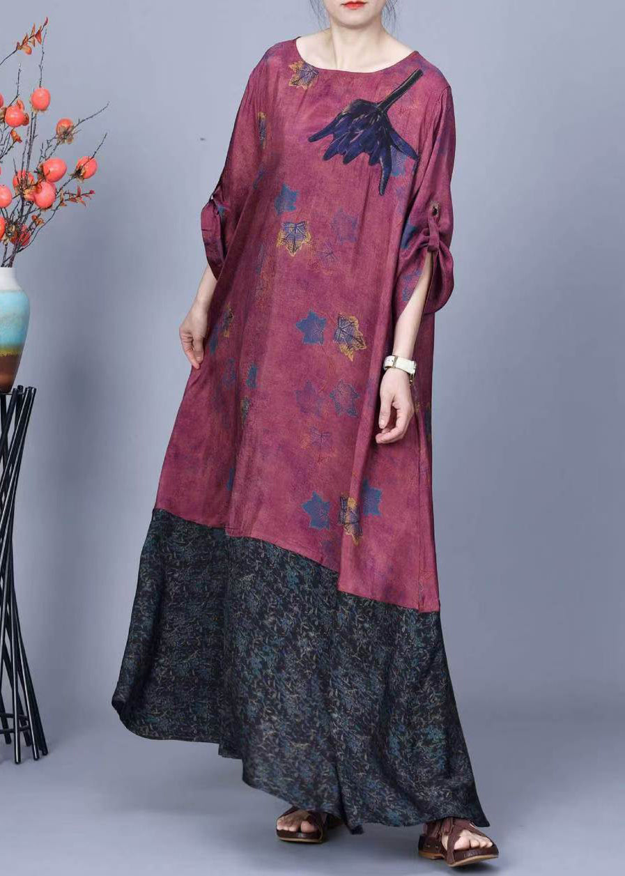 Purple Print Pockets Patchwork Silk Long Dresses Spring