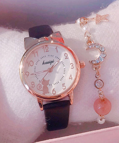 Black Genuine Leather Little Cats Waterproof Watch