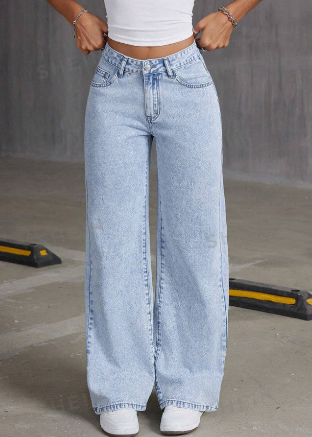 French Blue Pockets Patchwork Wide Leg Denim Pants Spring