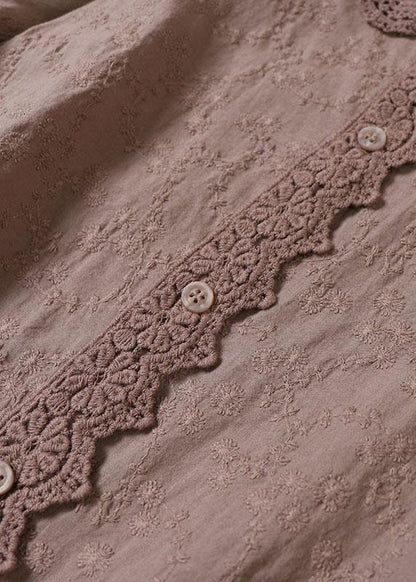 Handmade Khaki Pockets Button Embroideried Fall Wrinkled Maxi Dresses Long Sleeve