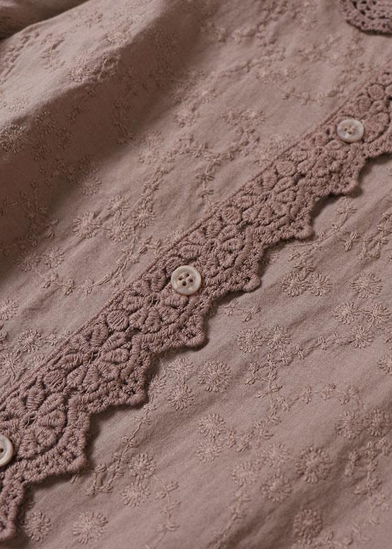 Handmade Khaki Pockets Button Embroideried Fall Wrinkled Maxi Dresses Long Sleeve