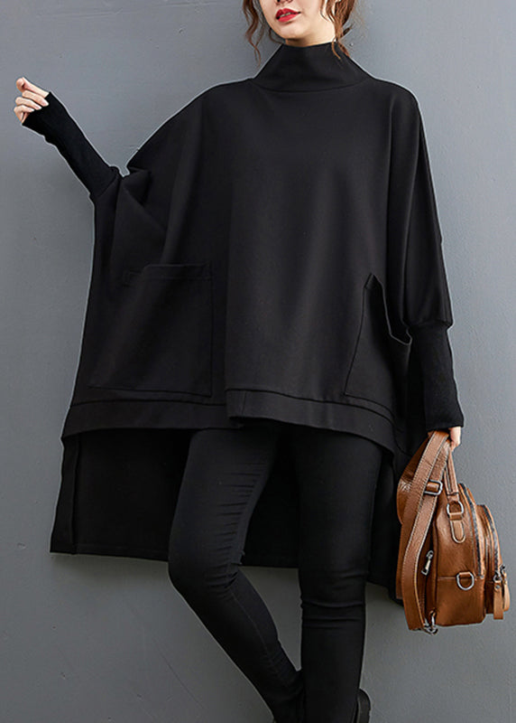 Black Turtleneck Asymmetrical Pockets Low High Design Cotton Pullover Long Sleeve