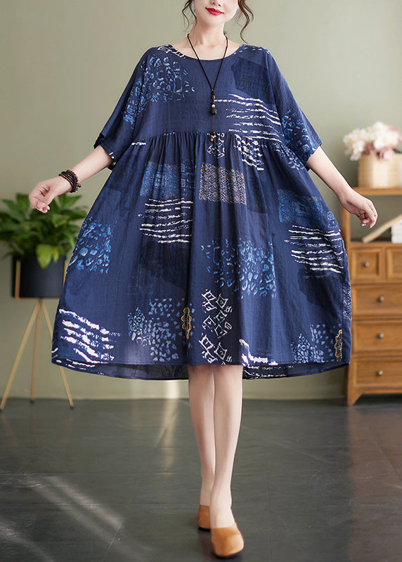 Handmade Blue O-neck Print Wrinkled Vacation Maxi Dresses Summer