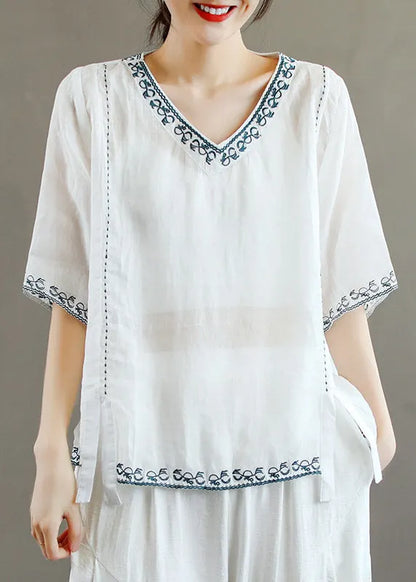 Stylish Purple V Neck Embroideried Linen T Shirt Half Sleeve