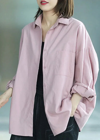 Pink Peterpan Collar Button Pockets Fall Shirt Long Sleeve