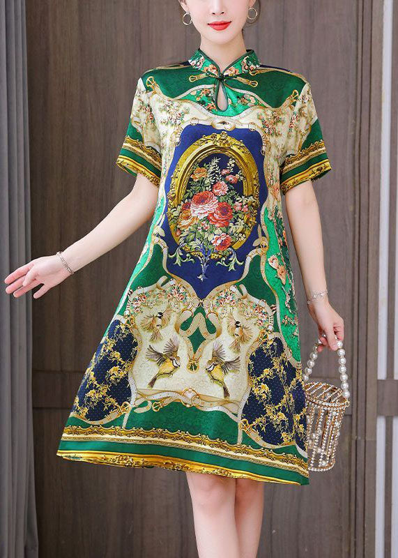 Chinese Style Green Print Mandarin Collar Silk a Line Dress Summer