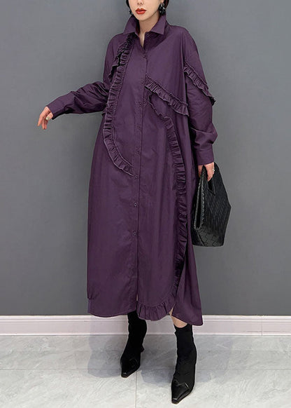 Purple Peter Pan Collar Ruffled Cotton Long Dress Spring