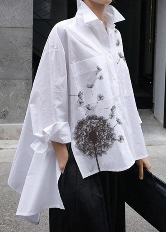 Natural White Peter Pan Collar Low High Design Button Pockets Cotton Shirts Long Sleeve Spring