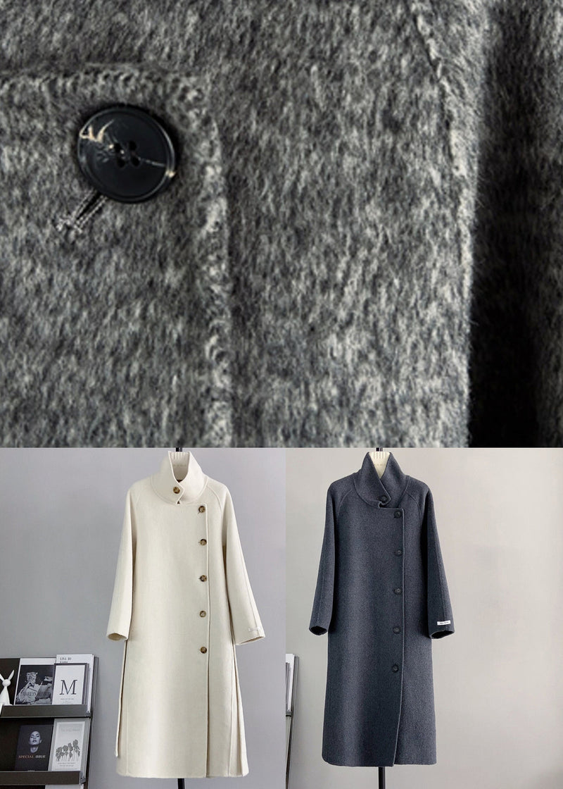 Dark Grey Stand Collar Tie Waist Woolen Coat Winter