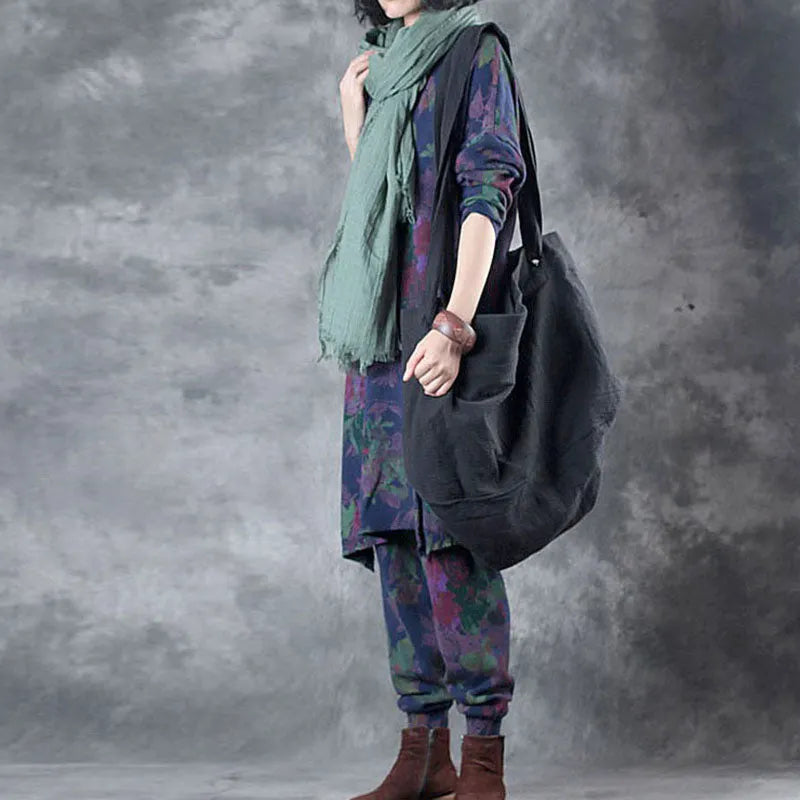 Blue Loose O-neck Side Open Fall Print Two Pieces Set Long Sleeve