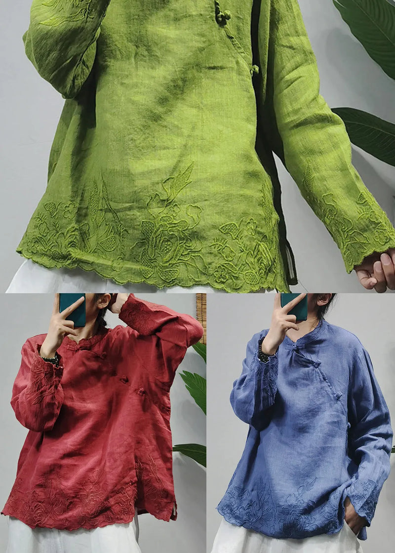 Blue Loose Linen Shirt Top Button Long Sleeve