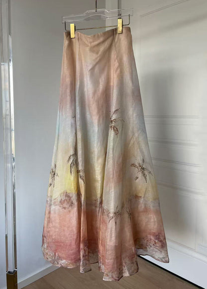 Boutique Print High Waist Linen Silk Maxi Skirts Summer