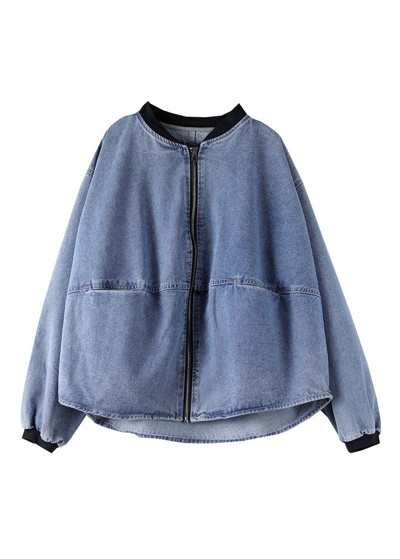 Blue O-neck Patchwork Zippered Denim Coats Spring