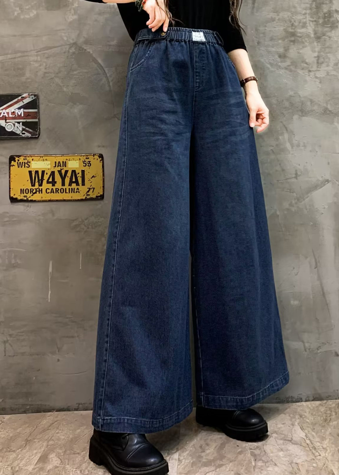 Blue Pockets Denim Wide Leg Pants Elastic Waist Fall