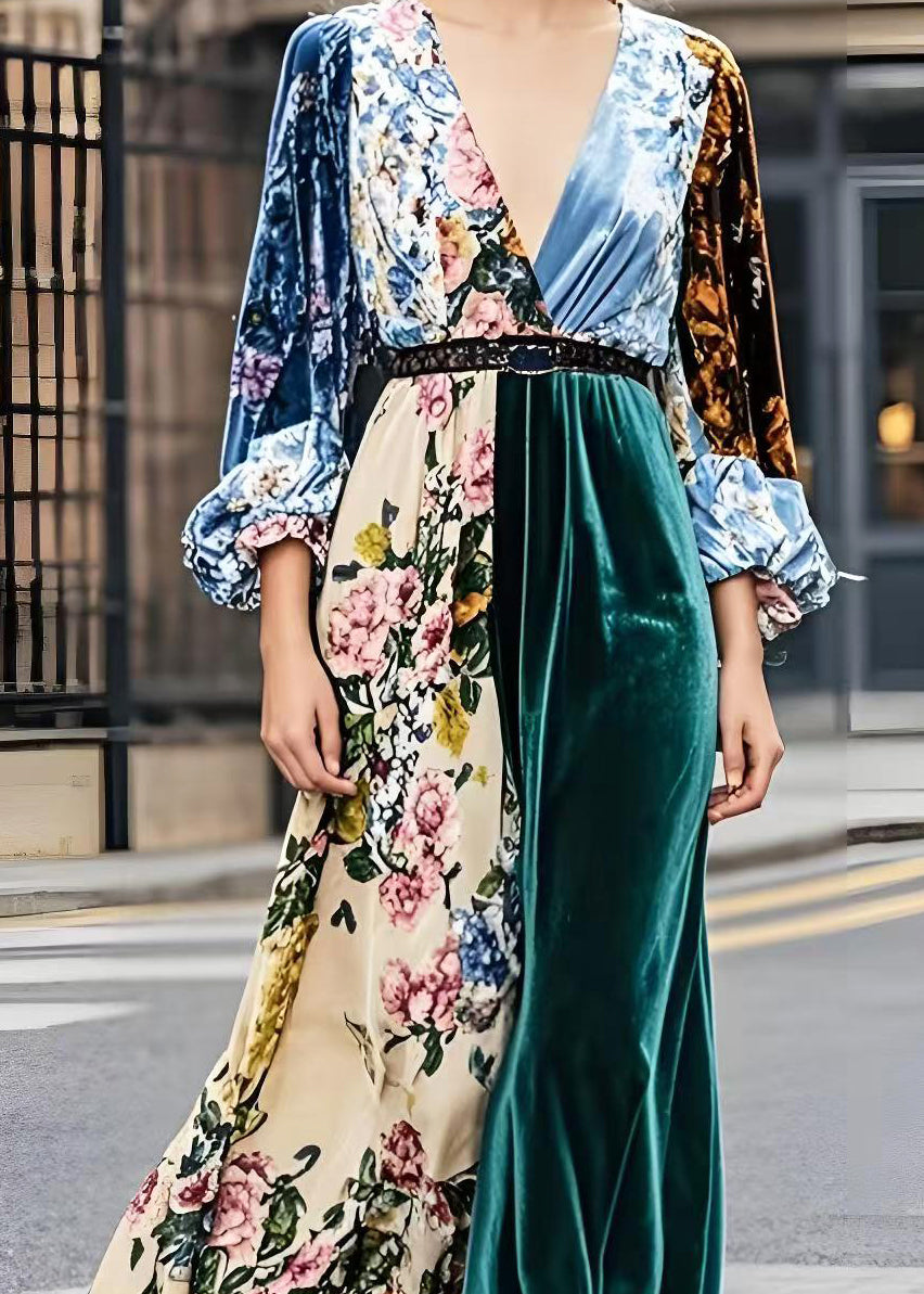 French Colorblock V Neck Patchwork Print Silk Velour Dresses Spring