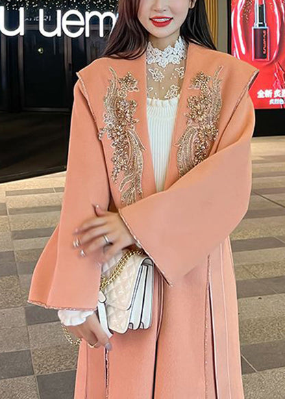 Orange Pink Embroideried Decorated Tie Waist Woolen Coats Fall