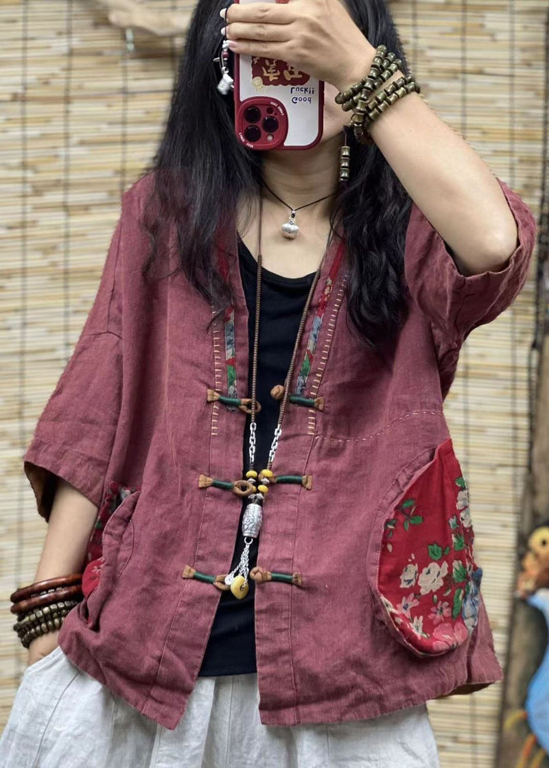 Red V Neck Pockets Chinese Button Patchwork Linen Coats Summer